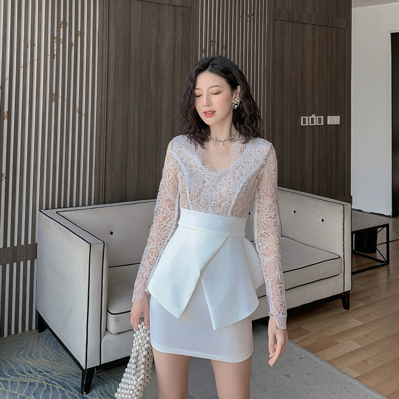 DOLLY Elegant White V-Neck Long Sleeve High Waist Peplum Short Date Dress-LOUIS