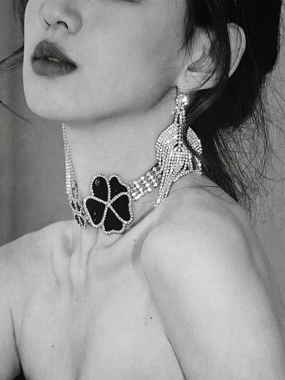 DOLLY Elegant Black Big Flower Diamond Chocker Chic Necklace-AMAL