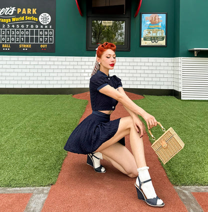 Le Palais  navy knitted puff sleeve top pleated skirt-XERX