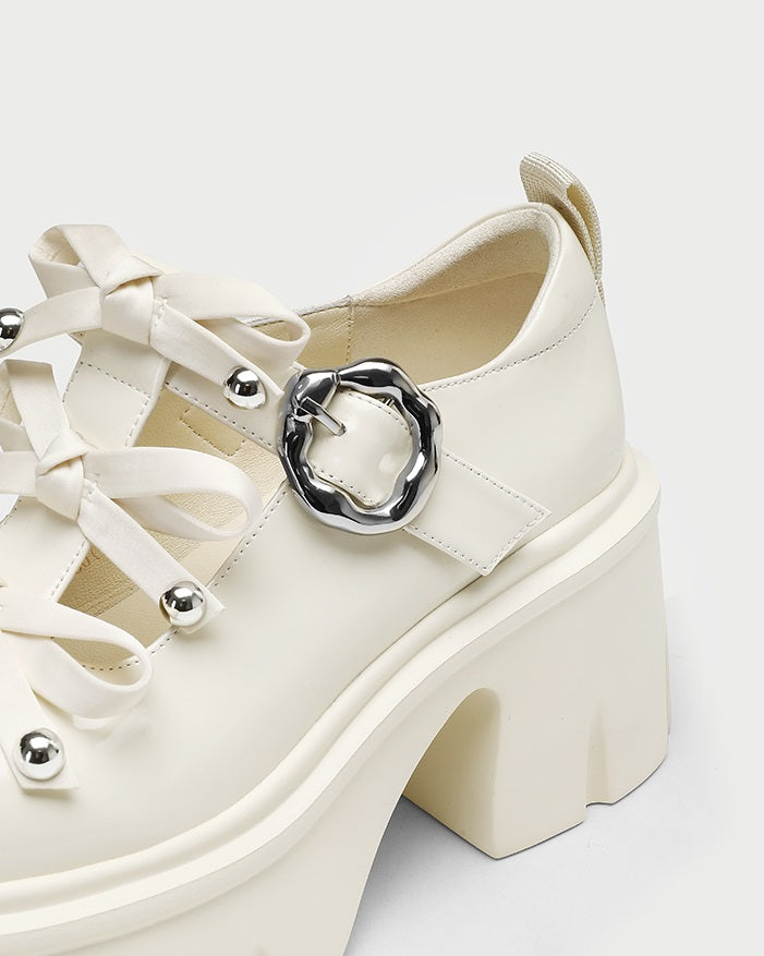 Pjjuu  Alt student bowed punk white Maryjane Platform Soled loafer - Emo