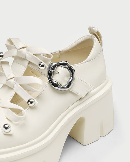 Pjjuu  Alt student bowed punk white Maryjane Platform Soled loafer - Emo