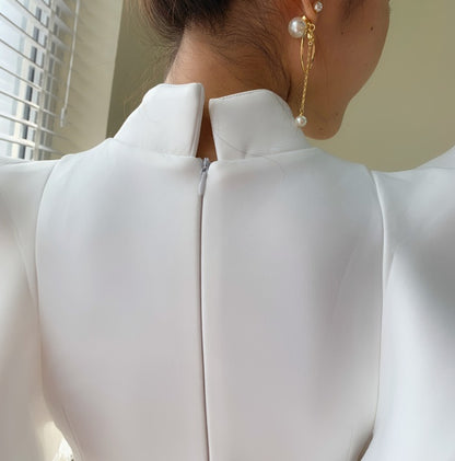 DOLLY Elegant White/Black Stand Collar Short Sleeve Slim Fit Short Fringe Dress-FRIYA