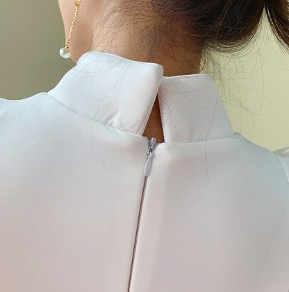 DOLLY Elegant White/Black Stand Collar Short Sleeve Slim Fit Short Fringe Dress-FRIYA