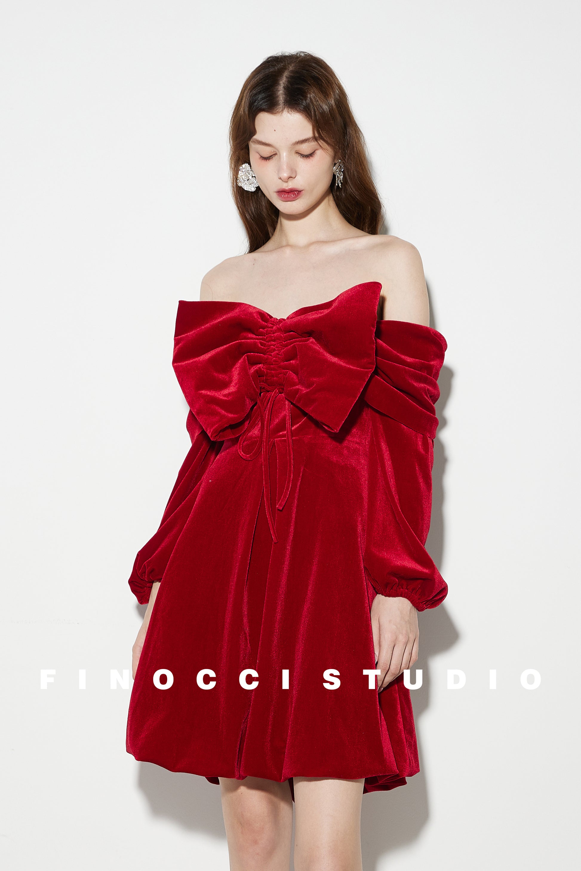 Red Velvet large Bow Off Shoulder Short holiday party Dress - Macy Red Velvet large Bow Off Shoulder Short holiday party Dress - Macy