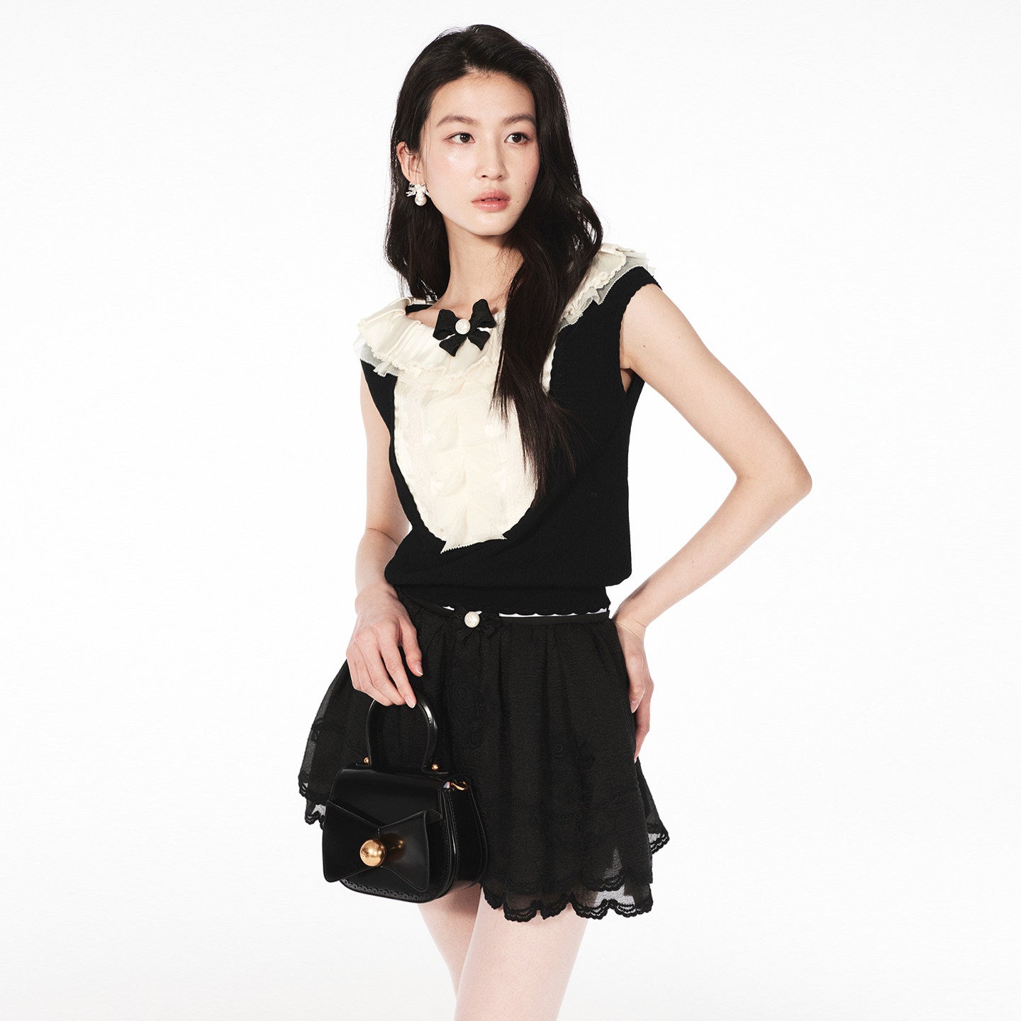 FAME ruffled collar patchwork knit top - AURORA