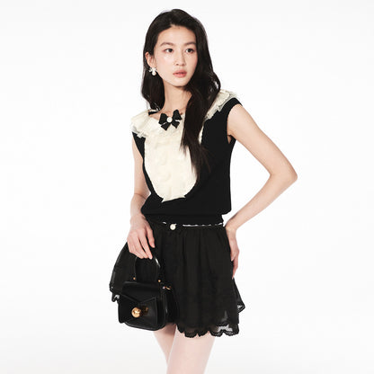 FAME ruffled collar patchwork knit top - AURORA