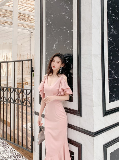 DOLLY Luxury Pink French Style V-Neck Ruffle Sleeve Long Wedding Guest Dress-MARON