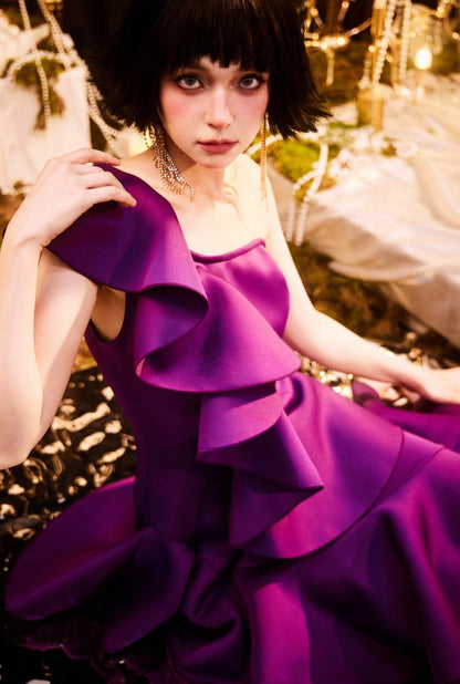 DOLLY Elegant Retro Style Deep Purple Ruffled Off Shoulder Midi Dress-PINKY