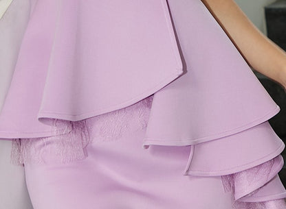 DOLLY High End Ruffled Fake Two Piece French Lace Off Shoulder Midi Office Dress-BRYONY