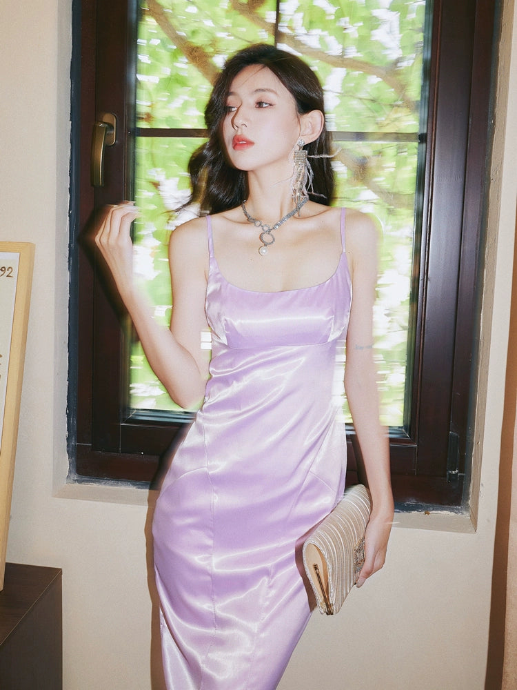 DOLLY Elegant Light Purple French Style Sleeveless Suspender Feather Party Dress-JOLENE