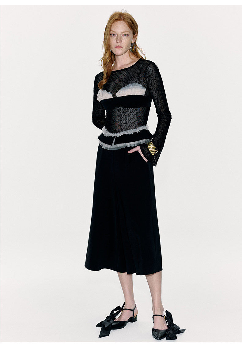 ATELIER MISS LU Waist Tulle Panel Design Wide Leg Pants - ARINA