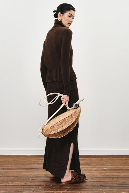 ZHUCHONGYUN Dark brown slim lapel collar knit top-SPIFF.