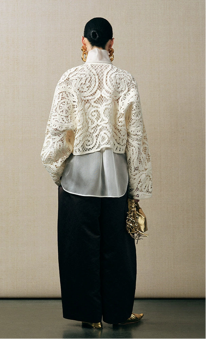 ZHUCHONGYUN white long-sleeve cropped lace-patterned jacket-NIGH.