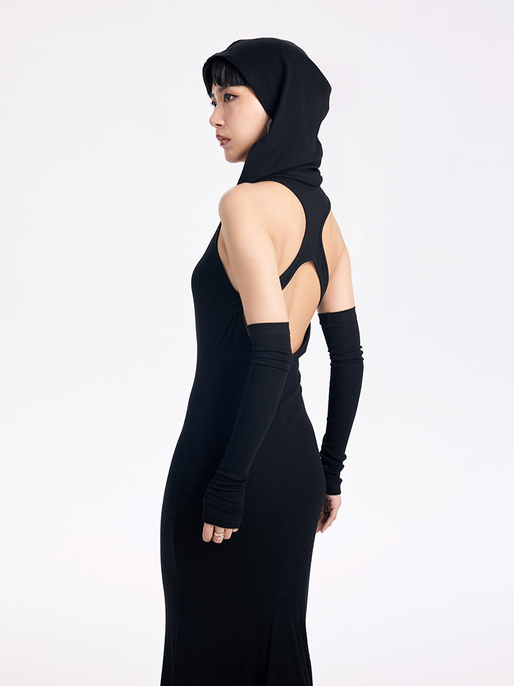 TINY IN sexy hooded backless two-tone fishtail women's dress -ROT