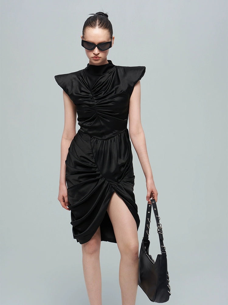 ANNAKIK black acetic multi-pleated three-dimensional flying sleeve dress-SHIGAKI