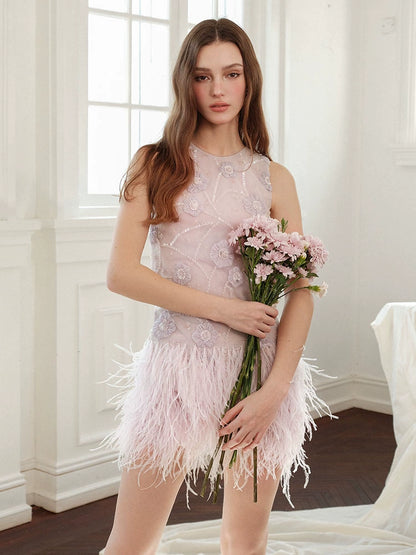 Wardrobes by Chen Purple Round Neck Sleeveless Dinner Feather Dress-Xera