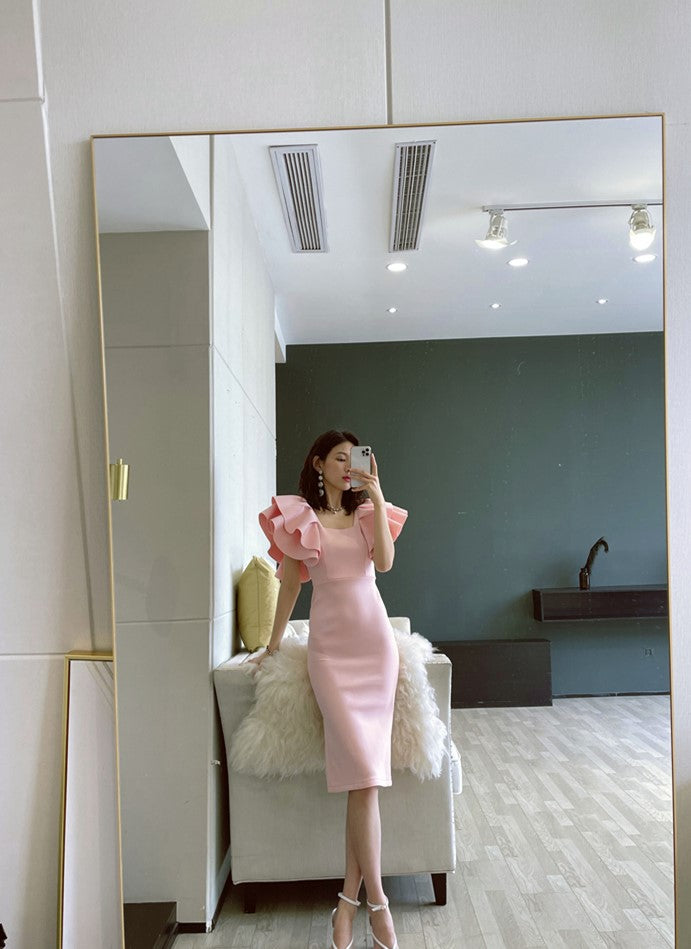 DOLLY Elegant Square Collar Ruffle Short Sleeves Slim Fit Midi Office Dress-HELEN