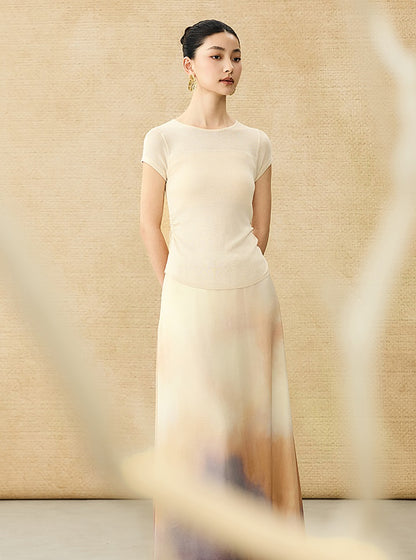 HECO Chinese style slightly transparent round neck knitted short sleeve T-shirt -BING.