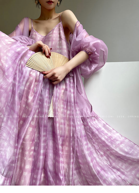 Aconiconi Luxury Purple/Mint Checkered Sleeveless Long Loose Resort Dress- Mint Honey Dew