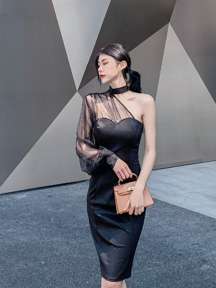 DOLLY Elegant Black One Shoulder Mesh Puff Long Sleeve Slim Fit Dinner Dress-AGNES