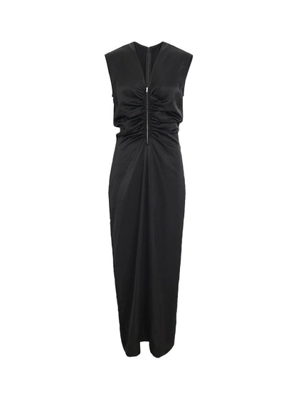 ZHUCHONGYUN  Black Zipper Pleated Design Slim Length Dress-WATANABE.