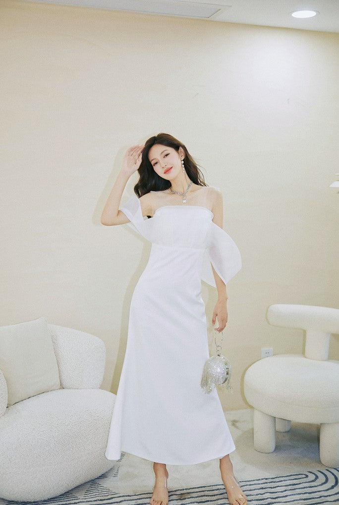 DOLLY Elegant Ruffled Off Shoulder Chest Wrap Long Fish Tail Banquet Dress-KALYA