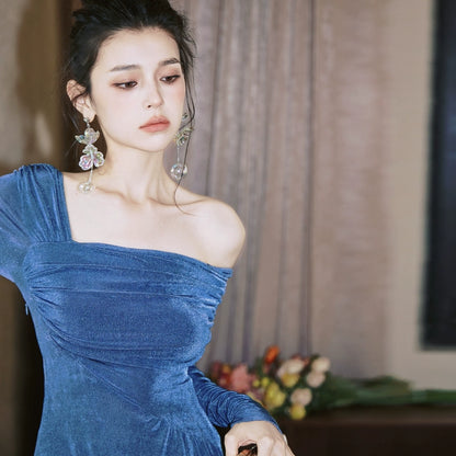 DOLLY Luxury Fog Blue Pleated Off Shoulder Slant Collar Long Sleeve Banquet Dress-MAYA