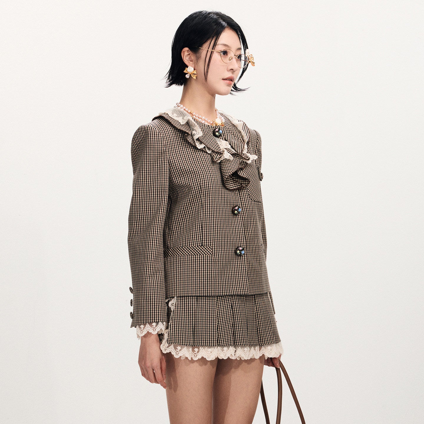 FAME Ruffled Lace Vintage Check Short Jacket Top - KYLA.