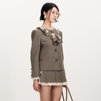 FAME Ruffled Lace Vintage Check Short Jacket Top - KYLA.