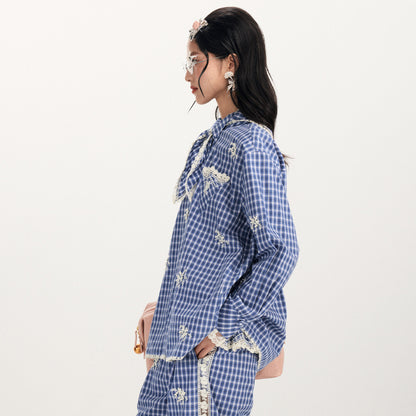 FAME loose plaid beaded long-sleeved shirt- FELIX
