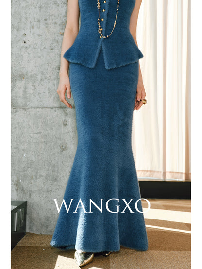 WANGXO | Ultimate Fluffy Mink Hair Texture  Lazy Soft Cardigan, Matching Vest & Elegant Fishtail Skirt Set-  KIMI ?