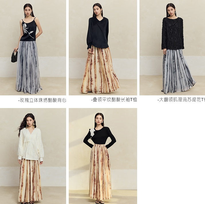 HECO tie-dye chiffon pleated long gray brown skirt women - all.