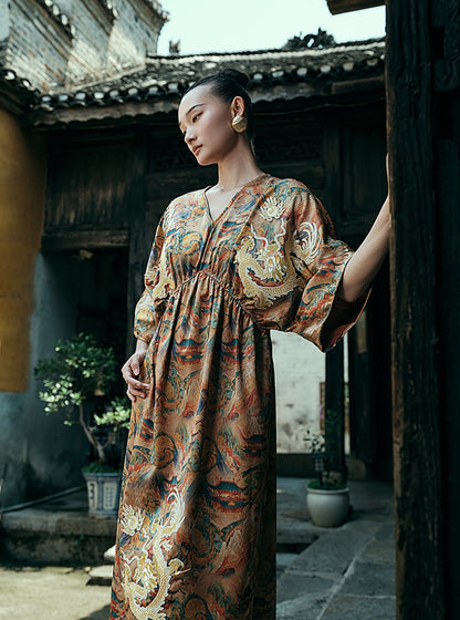 HECO Chinese Waist Cinched V-Neck Dress - QIN