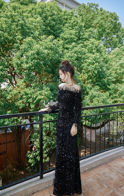 DOLLY Luxury Black Off Shoulder Feather Sequin Tube Top Long Evening Dress-LORELEI