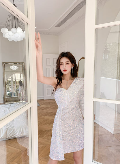 DOLLY Luxury White Sequined Slant Collar Off Shoulder Long Sleeve Dinner Dress-KAKA