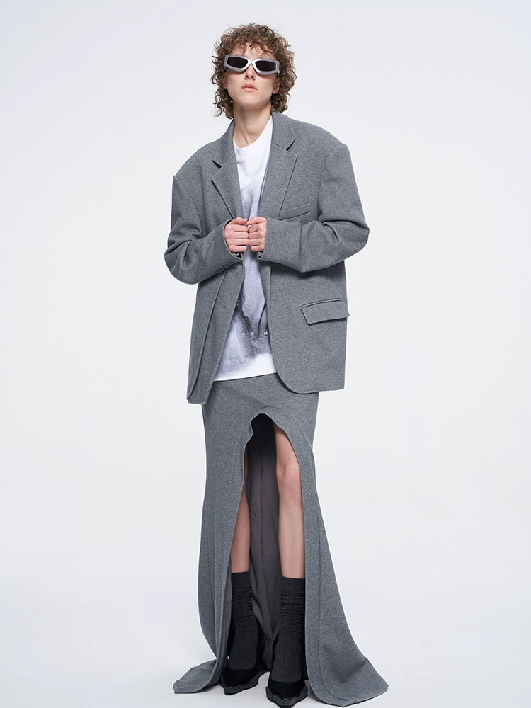 ANNAKIKI Designer Curved Casual Sweat Slit Maxi Skirt-FUKU