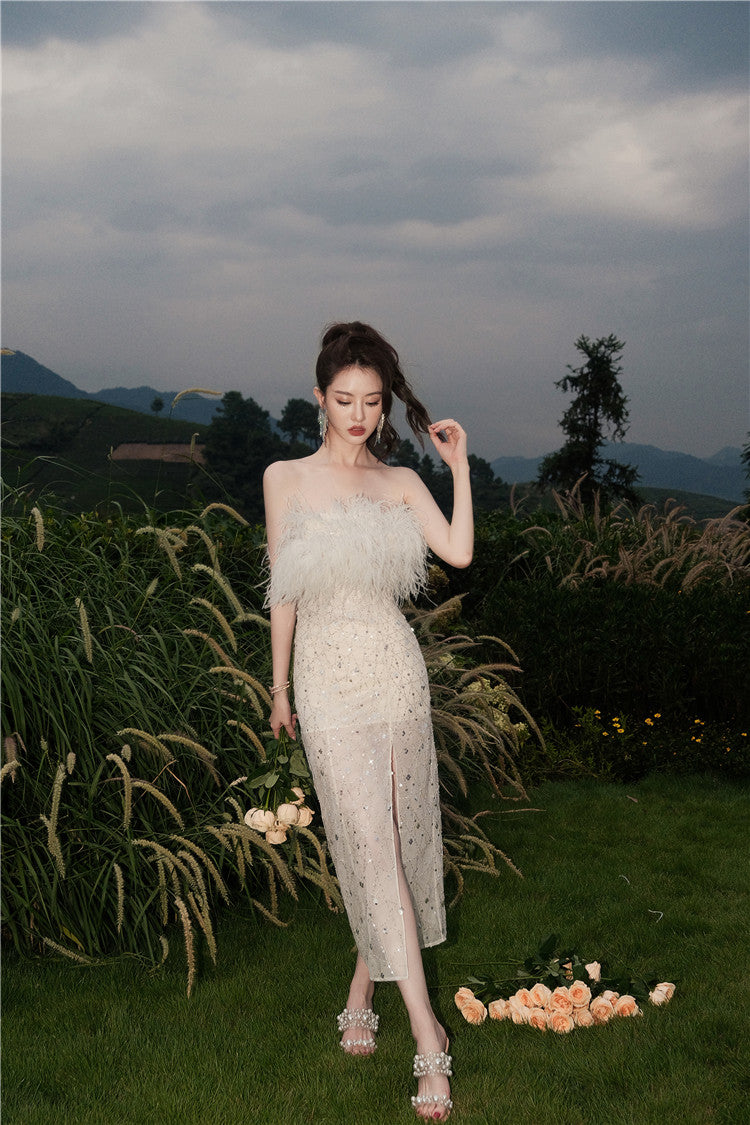 Wardrobes by Chen  luxury wedding White Haute Couture Feather Sequin Dress-Masa