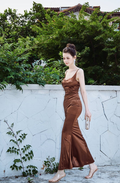 DOLLY Elegant Brown Sleeveless Satin Slim Fit Hip Hug Long Dinner Dress-CRESSIDA
