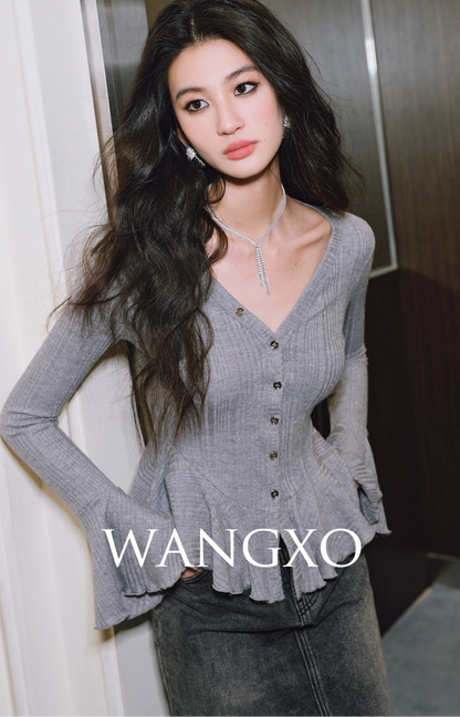 WANGXO | Bright Silk Knit V-Neck Waist Ruffle Top -SÁYA.