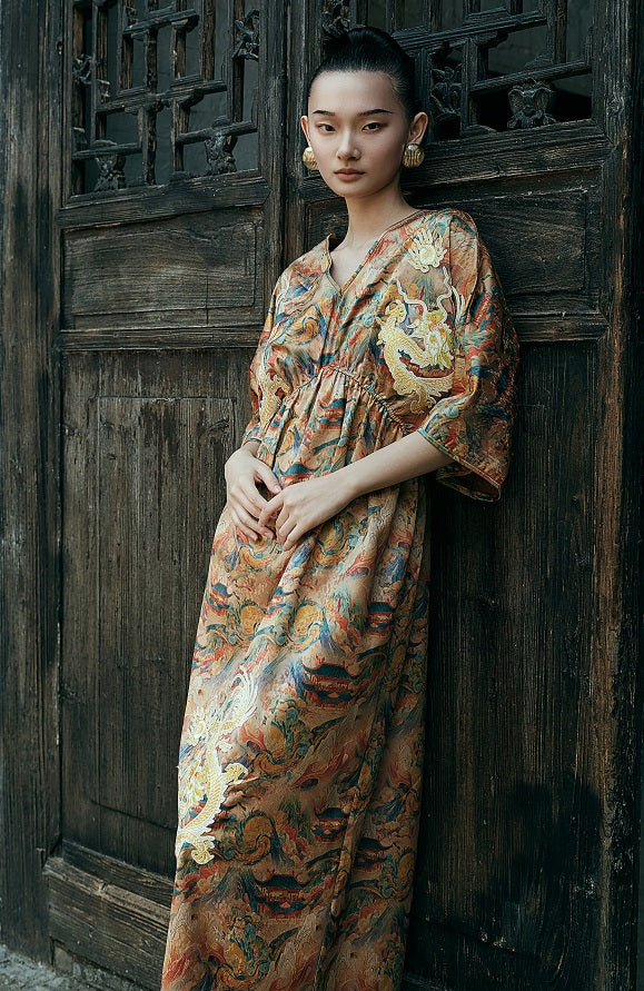 HECO Chinese Waist Cinched V-Neck Dress - QIN