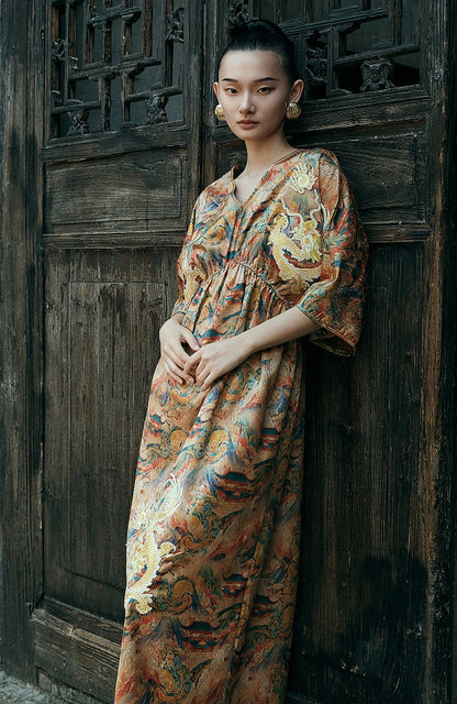 HECO Chinese Waist Cinched V-Neck Dress - QIN