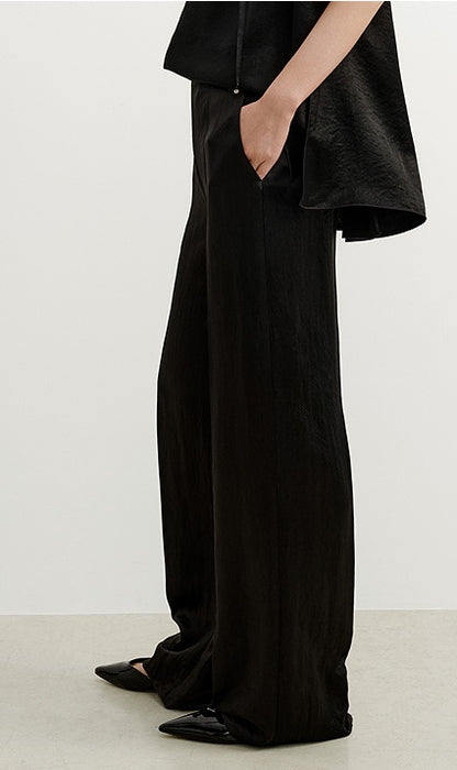 COMME MOI Summer Women's Black Satin Straight Pants - ADELINE.