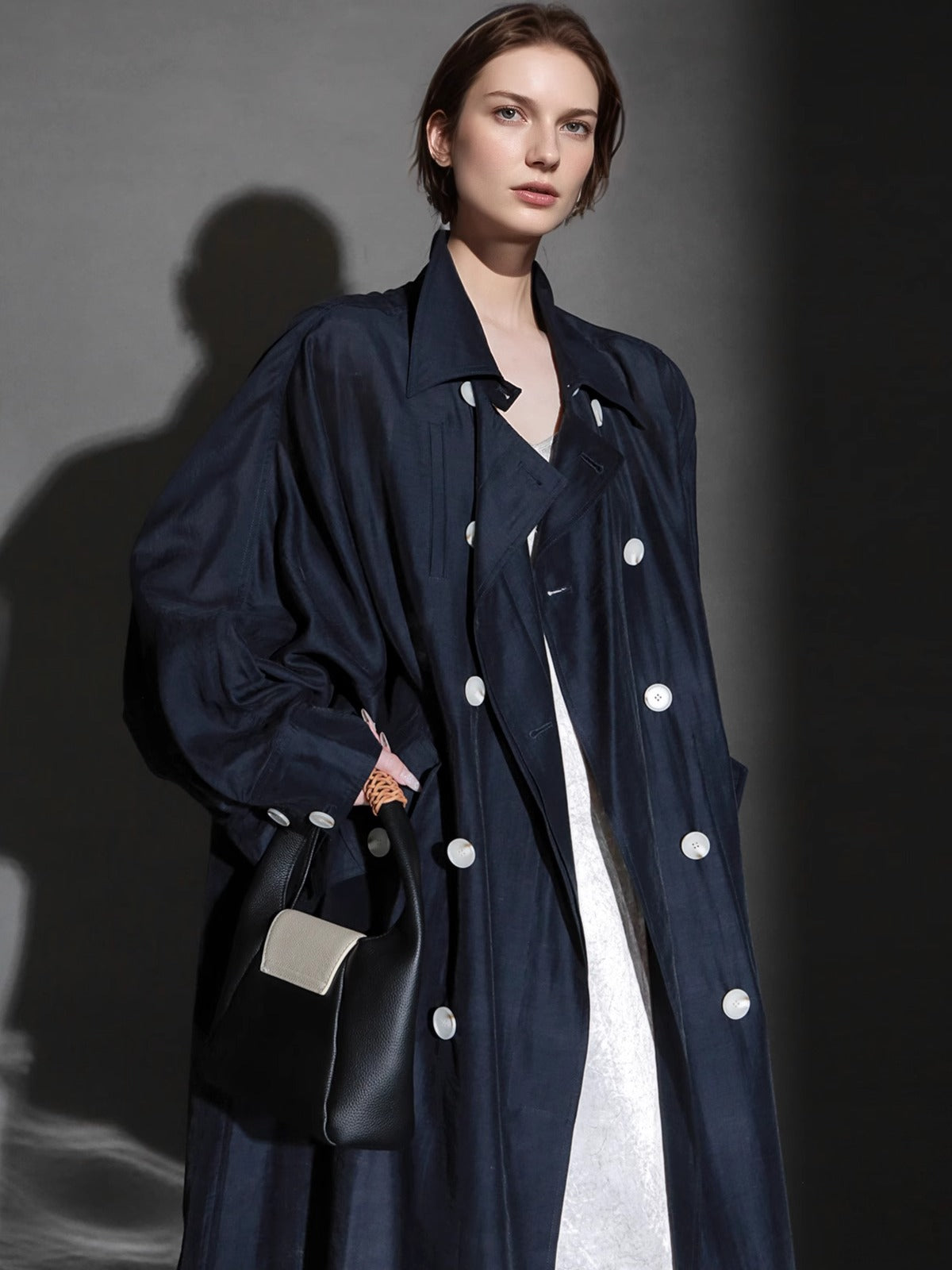 PIAOIN Light Luxury Silk Luster Tencel Linen Trench Coat Jacket -JOSEPHINE