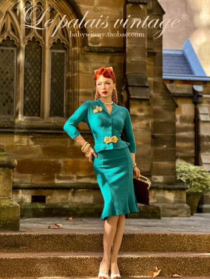 Le Palais Blue Knit Comfortable  Cardigan Mermaid Skirt Set-NIK