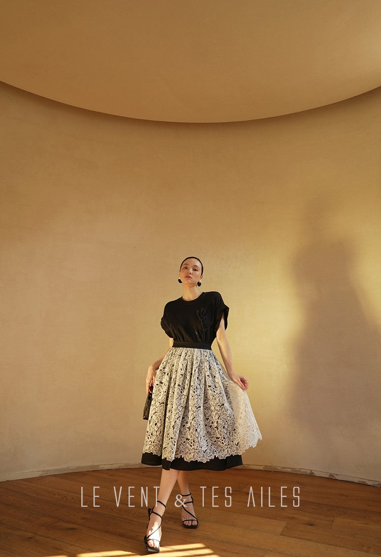 LE VENT&TES AILES French embroidery lace elegant A-line fill skirt-ESME