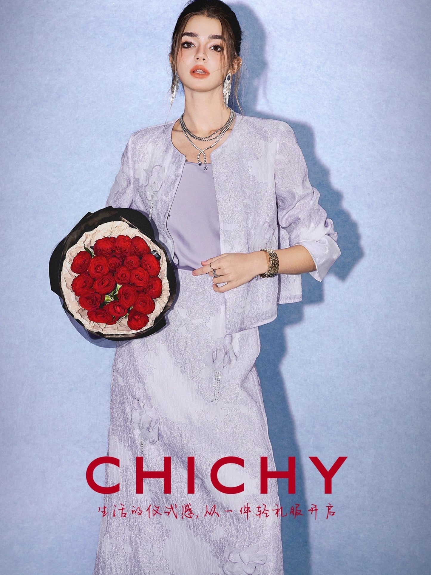 CHICHY cool and luxurious purple embossed texture jacquard top long skirt suit-NICK