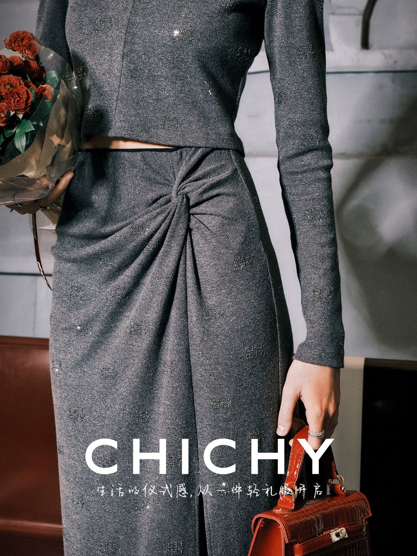 CHICHY French Grey Knitted V-Neck Slim Sweater Long Skirt Two-Piece Set-NANCY