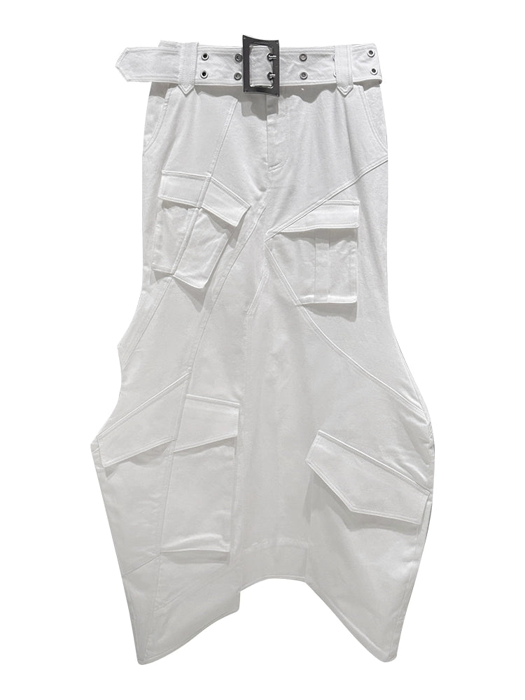 ANNAKIKI white geometric irregular split cargo skirt-MIKASA