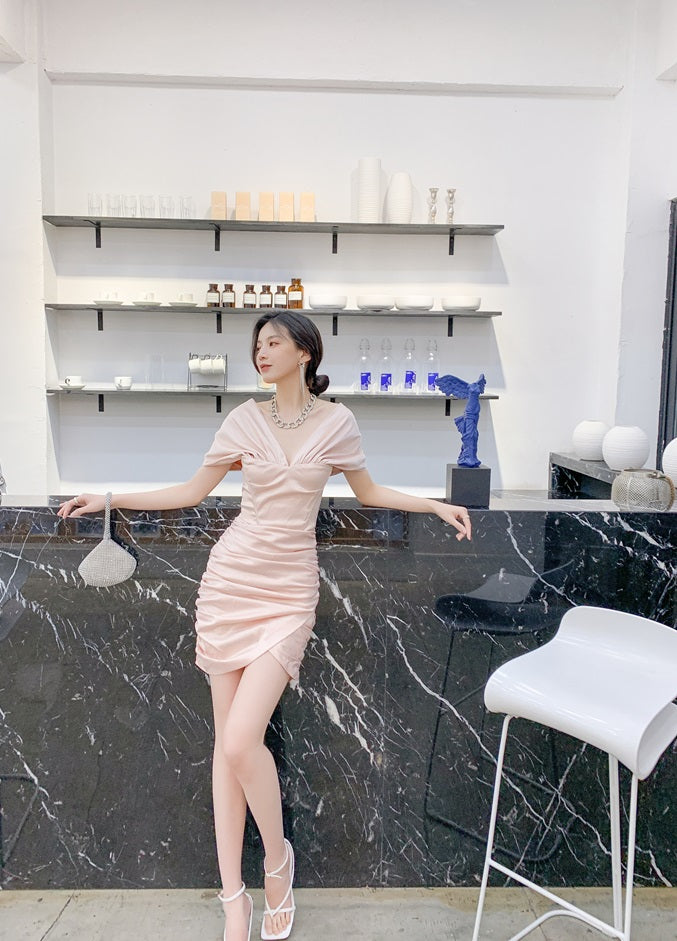 DOLLY Elegant V-Neck Short Sleeve Tube Top Slim Fit Pleated Short Date Dress-LITA