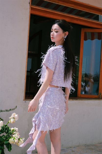 Wardrobes by Chen Elegant Short Sleeve Diamond Feather Top/Short Skirt- Milo